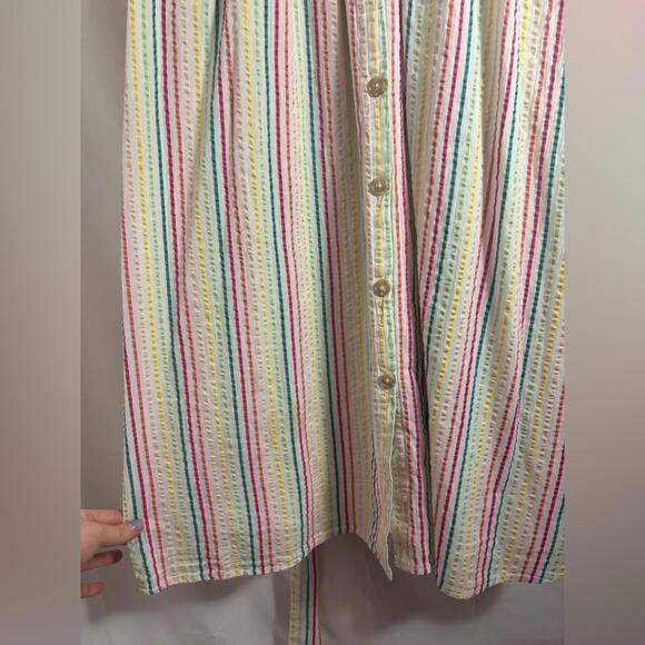 Pastel Striped Short Sleeve Textured Button Down+Tie Modest Femme Dress Size M - Picture 7 of 12